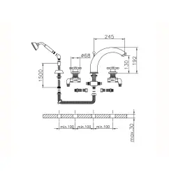 Huber Victorian 4-otvorová vaňová batéria so sprchovou súpravou RVS VT0002602A