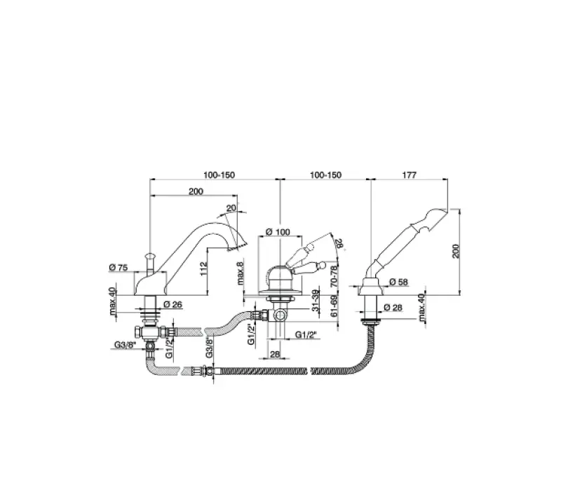 Cisal Arcana Cisárovná 3-otvorová kúpeľňová batéria s ručnou sprchou Bronz EM00126027