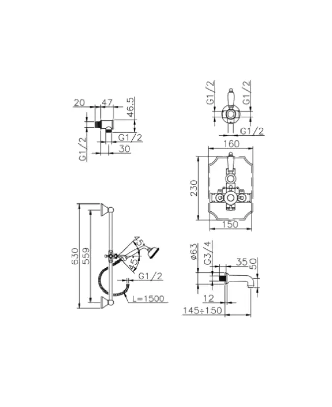 Huber Victorian Thermostatic Built-in Bath-Shower Set Gold 914.VT01H.AG