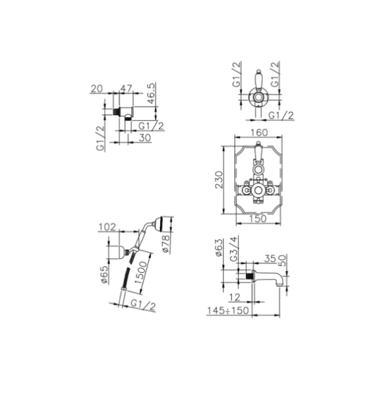 Huber Victorian Thermostatic Built-in Bath-Shower Set Bronze 915.VT01H.BA