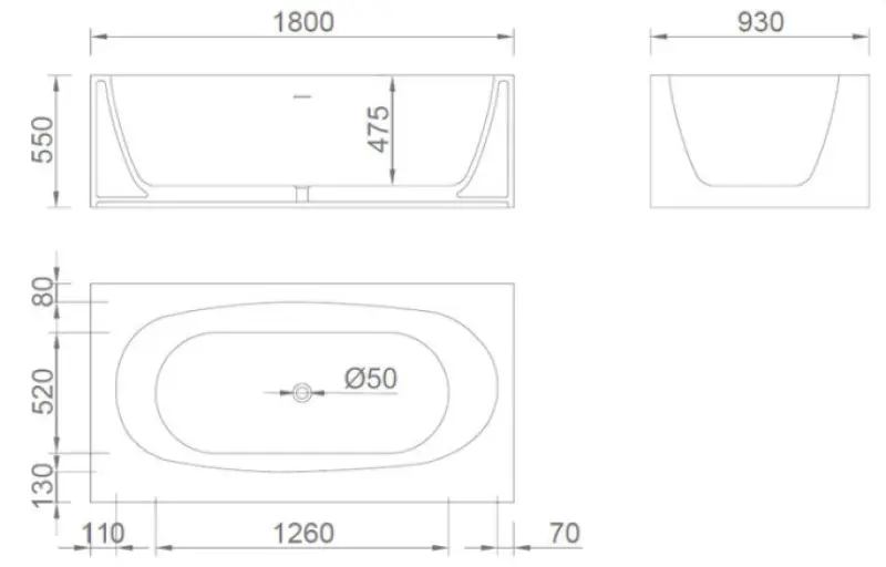 Solid-S Samostatne vaňové kúpeľné kúpeľne Recto z materiálu Solid Surface, Corian, rozmery D180 x Š93 x V55 cm, matná biela, posledný kus na sklade