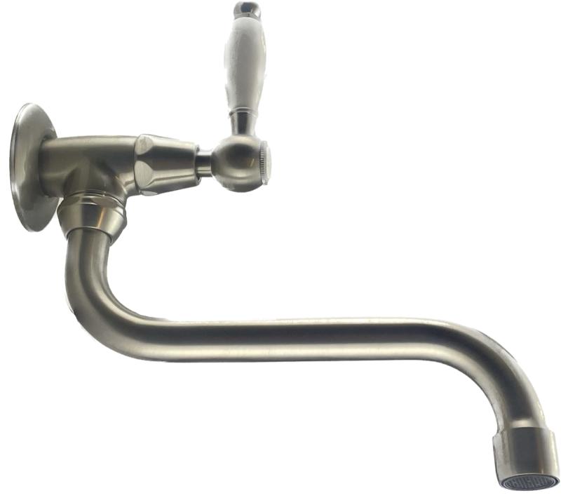 PB klasický nástenný fontánový kohútik s bielou rukoväťou na studenú vodu a dlhým výtokom, nerezová oceľ 1208853572