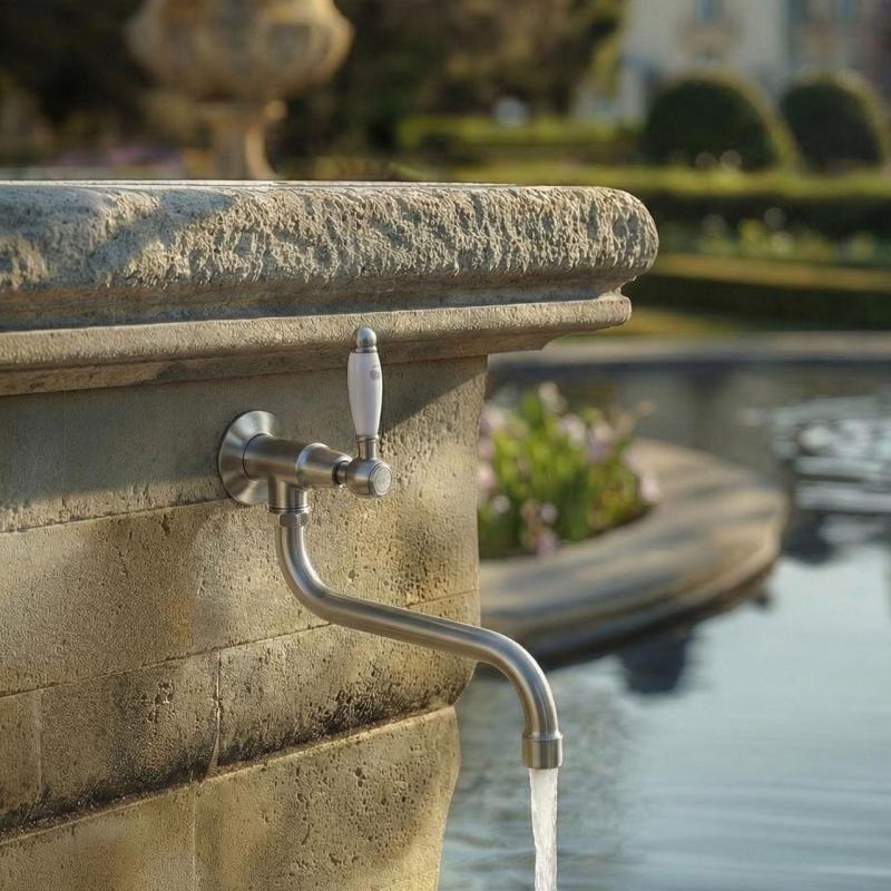 PB klasický nástenný fontánový kohútik s bielou rukoväťou na studenú vodu a dlhým výtokom, nerezová oceľ 1208853572