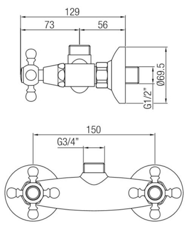 PB klasická batéria, nástenná sprchová miešacia batéria s hviezdicovými rukoväťami, nehrdzavejúca oceľ, horné pripojenie 1208855322