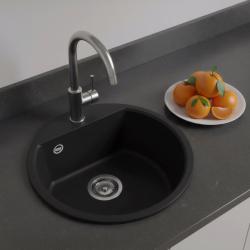 GraniteMy Bremen okrúhly žulový drez 43 cm čierny, na nadstavbu a podstavbu s otvorom na batériu a nerezovou zátkou 1208953206