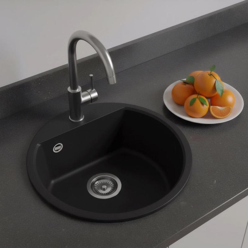 GraniteMy Bremen okrúhly žulový drez 43 cm čierny, na nadstavbu a podstavbu s otvorom na batériu a nerezovou zátkou 1208953206