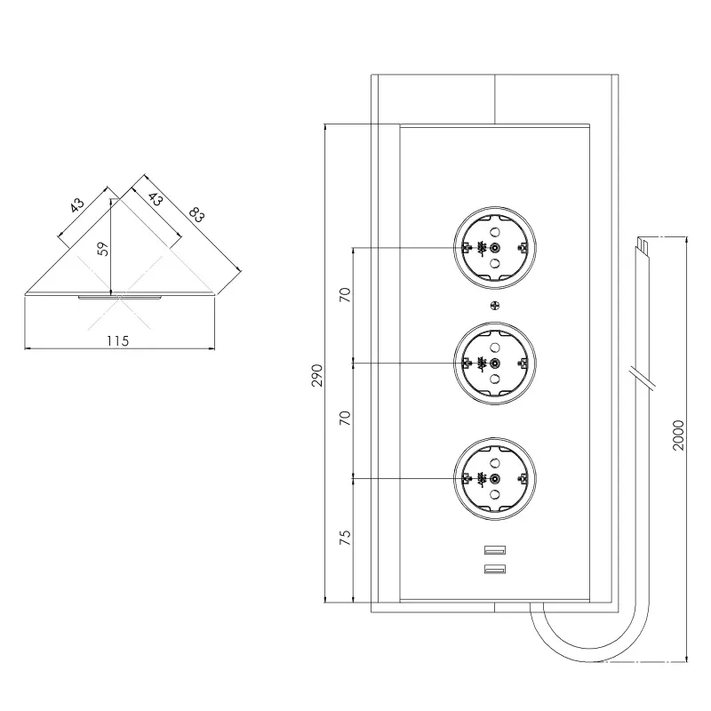 Energetický stĺpik s 3 uzemnenými zásuvkami a 2 USB nabíjačkami RVS 1208953216