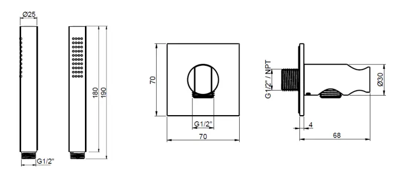 SB 316 Štvorcová ručná sprcha s hadicou a závesným hákom z nehrdzavejúcej ocele