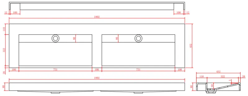 Solid-S Marble dvojité umývadlo z materiálu solid surface, čierny mramor, matný, bez otvoru na batériu, so solid cover, B180xD45xH8 1208953889