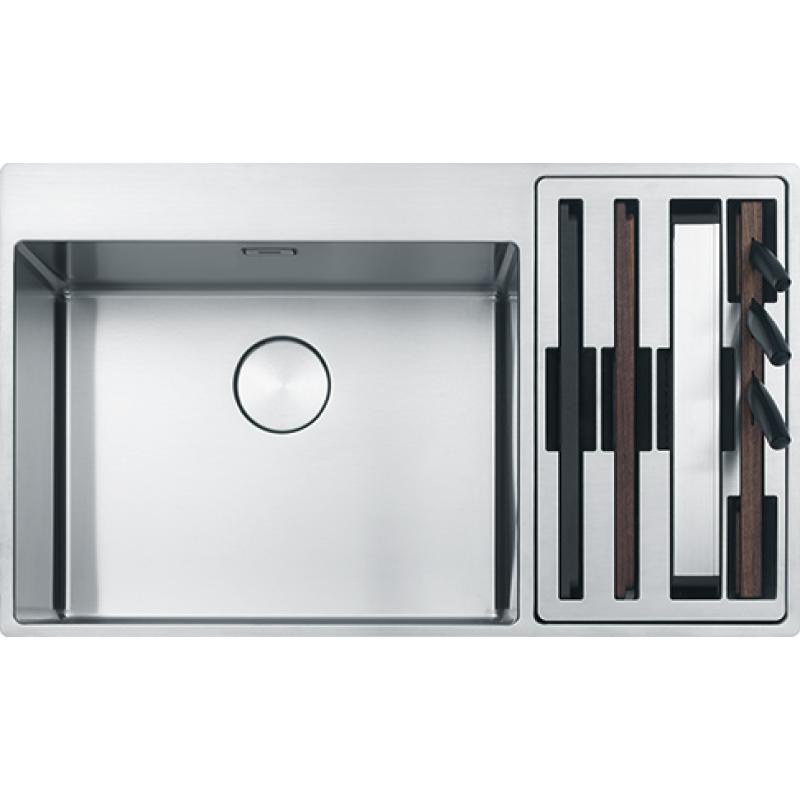 Franke Box Center BWX220-54-27 nerezový drez vľavo s doskou na krájanie, súpravou nožov a drôteným košom 86x51cm 127.0587.643