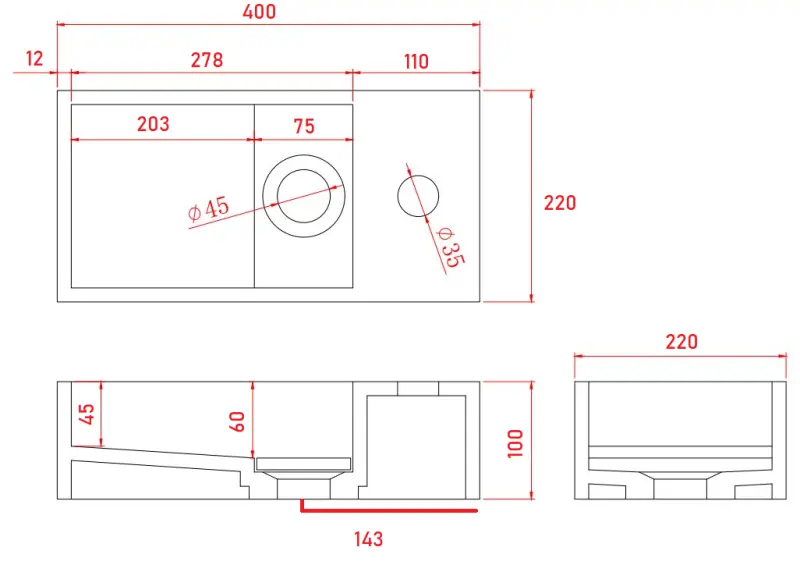 Solídny mramorový povrch umývadla B40xD22xV10cm mramor matná čierna pravá s otvorom na batériu 1208954634