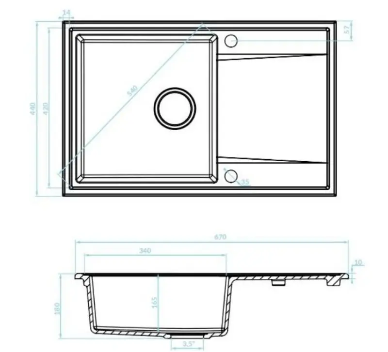 Aquadesign Cesena granitový vrchný drez s odkvapkávačom, obojstranný, čierna farba