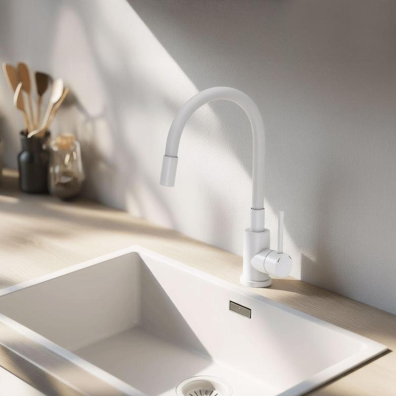Quadri Bristol kitchen mixer tap matt white with flexible white spout 1208956028