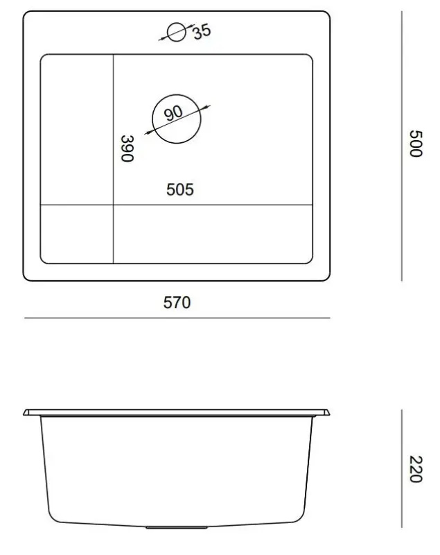 Quadri Sheffield black granite flush-mounted sink 57x50cm with tap hole bench and copper plug 1208956115