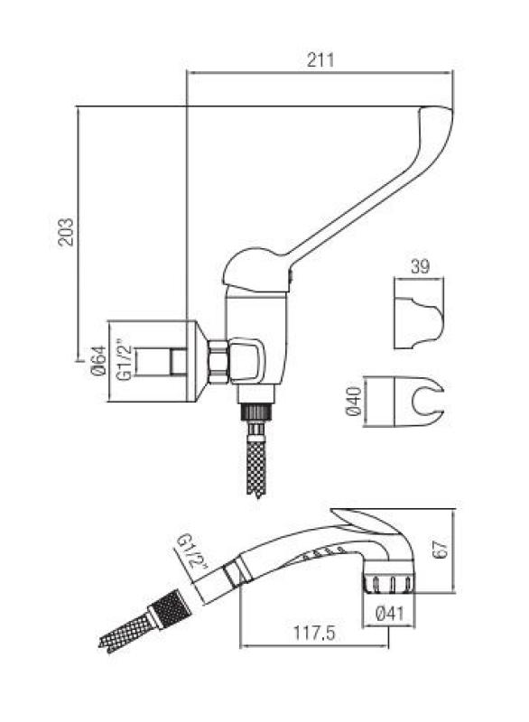 PB Clinic sprchová batéria pre osoby so zdravotným postihnutím s dlhou pákou, chrómová, s ručnou sprchou 1208956283