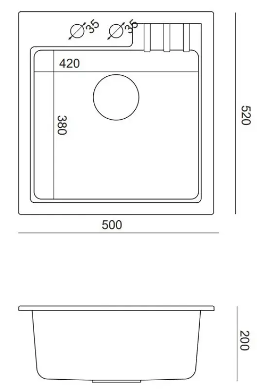 Quadri Cardigan biela žulová montážna kuchynská drezová misa 50x52cm s otvorom pre batériu 1208956306