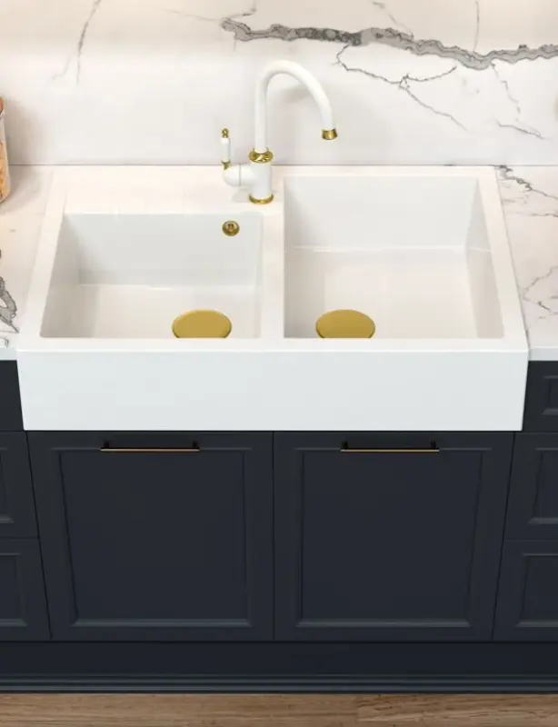 Quadri Minister Dvojité Umývadlo biele vidiecke model 90x62cm s medenou zátkou a prepadom 1208956329