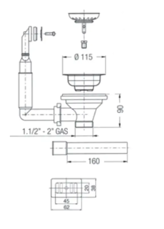 PB classic brass natural (discoloured) drain set with overflow for a kitchen sink and basket plug lockable 1208956479