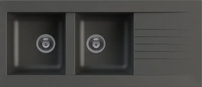 Dvojitý čierny plastový drez Ausmann Fibre, obojstranný s odkvapkávačom, montáž na pracovnú dosku, 116x50 cm, 1208956787
