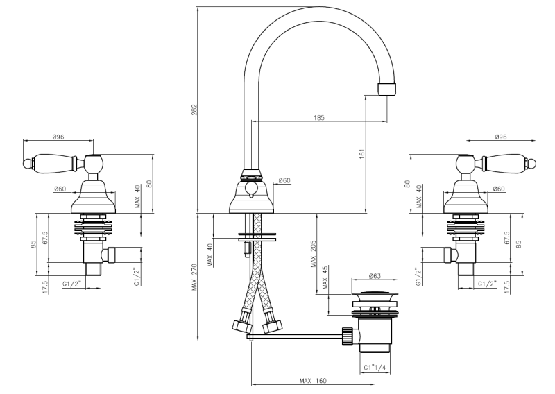 PB klasická batéria 3-otvorová umývadlová batéria Biele páčky s oblou výpusťou Chróm 1208956912