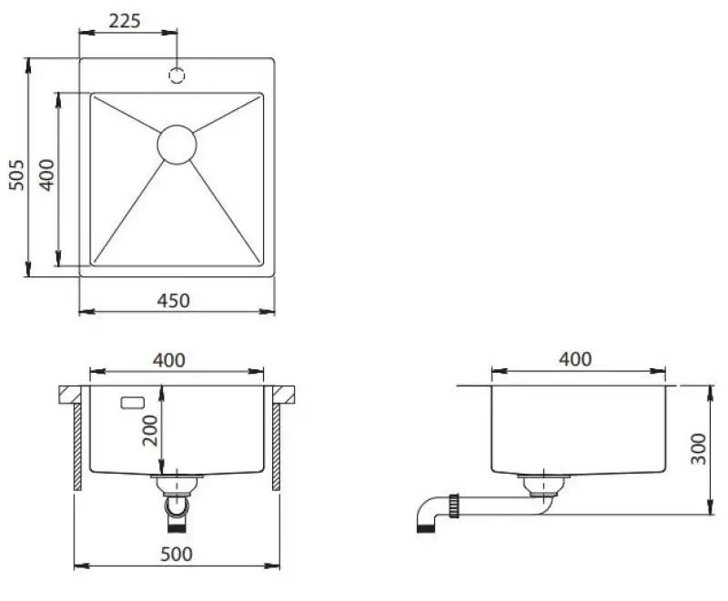 Ausmann Turt RVS drez 450x505mm s otvorom na batériu, pre montáž pod pracovnú dosku, na úroveň pracovnej dosky a na pracovnú dosku 1208956941