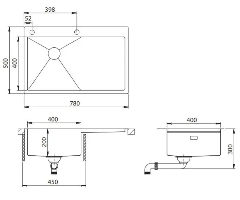 Ausmann Turt RVS drez s odkvapkávacou plochou vpravo 780x500mm nadstavba a plochá montáž 1208956954
