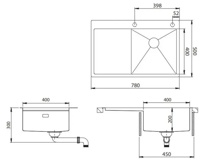 Ausmann Turt stainless steel sink with drainer left 780x500mm inset and flush-mounted 1208956957