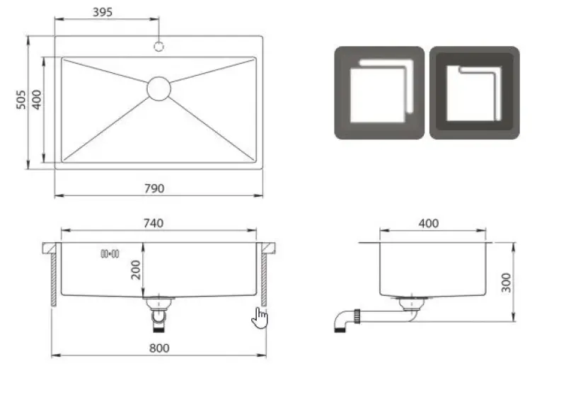 Ausmann Oder Blue large stainless steel sink 79x50cm flush-mounted and inset with tap hole bench 1208957119