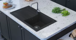GraniteMy Smart extra plochý žulový horný čierny drez 76x44 cm s odkvapkávačom, obojstranný 1208957353