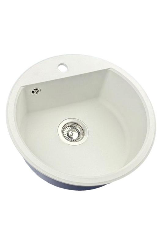 GraniteMy Bremen okrúhly žulový drez 43 cm biely na pracovnú dosku aj pod pracovnú dosku s otvorom na batériu s nerezovou zátkou 1208957356