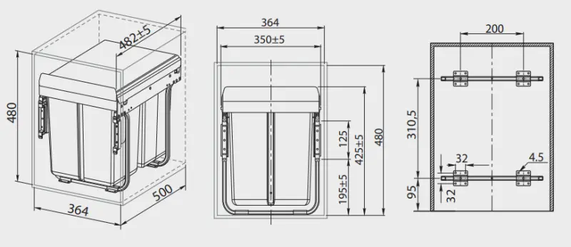 Garbi Sorter S-40-3 built-in waste system with 3 waste bins 1 x 20 and 2 x 10 litres 1208957365