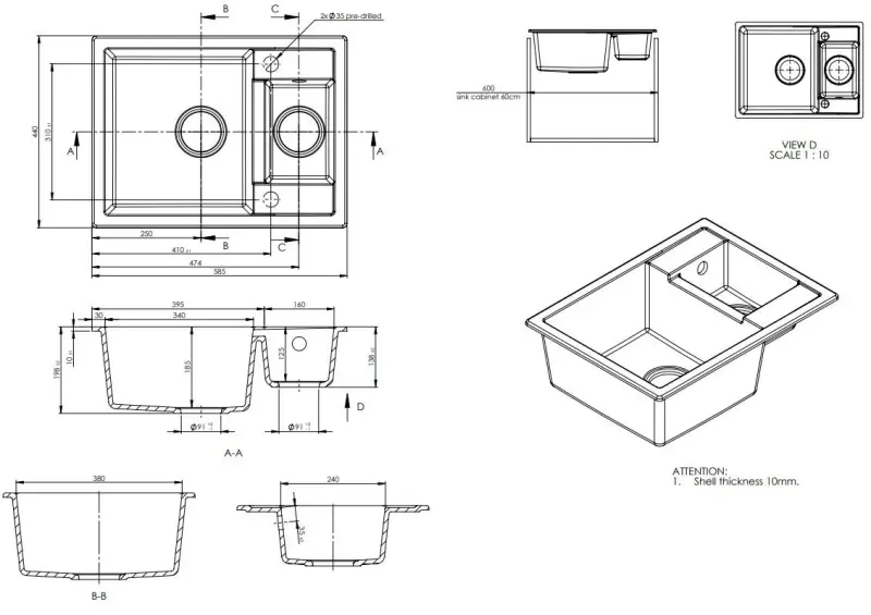 GraniteMy Smart extra plytký 1,5 granitový povrchový čierny drez obojstranný 58x44cm 1208957386
