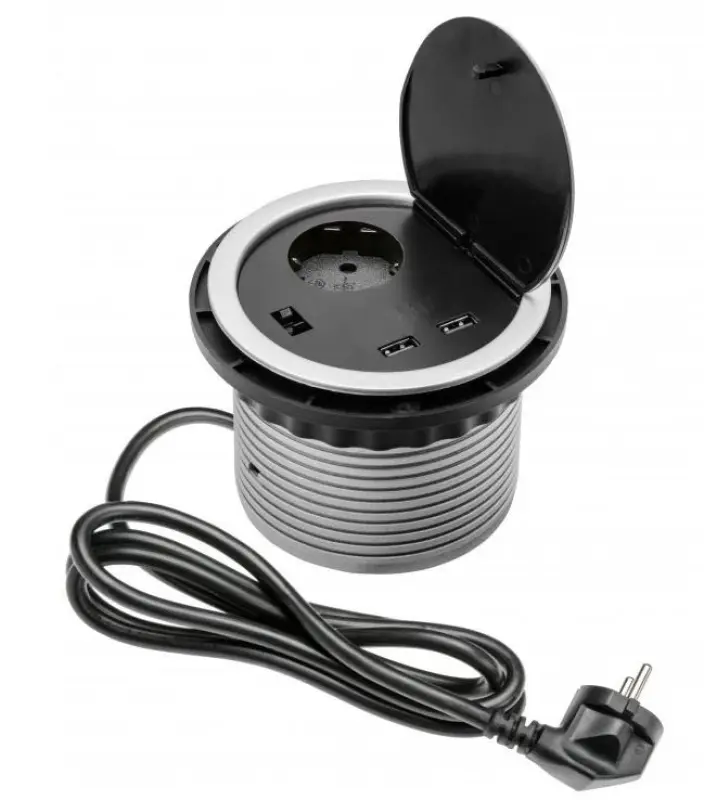 Indux Cover vstavaná zásuvka so strieborným kuchynským krytom v pracovnej doske s uzemnením a 2 USB portami 1208957397