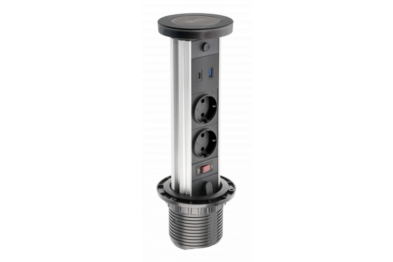 Indux Lift zapustená zásuvka s uzemnením čierna kuchynská zásuvka vo pracovnej doske s osvetlením, 2 x USB a bezdrôtovým nabíjaním 1208957401