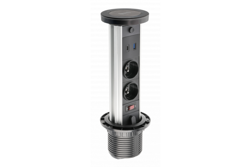 Indux Lift potopiteľná zemná čierna kuchynská zásuvka v pracovnej doske so svietením, 2 x USB a bezdrôtovým nabíjaním 1208957402