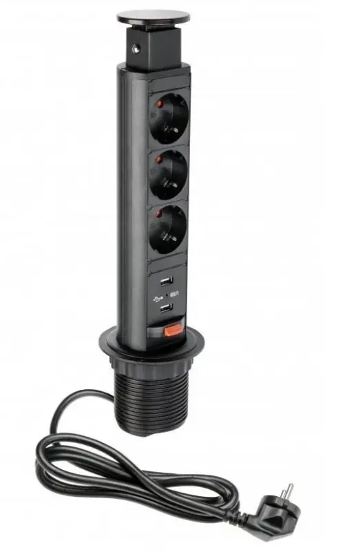 Indux Up & Down kleine verzinkbare randaarde zwarte keuken stopcontact in werkblad met 3 stopcontacten en 2 x USB 1208957416