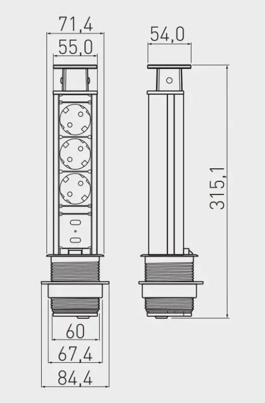 Indux Up & Down kleine verzinkbare randaarde zwarte keuken stopcontact in werkblad met 3 stopcontacten en 2 x USB 1208957416