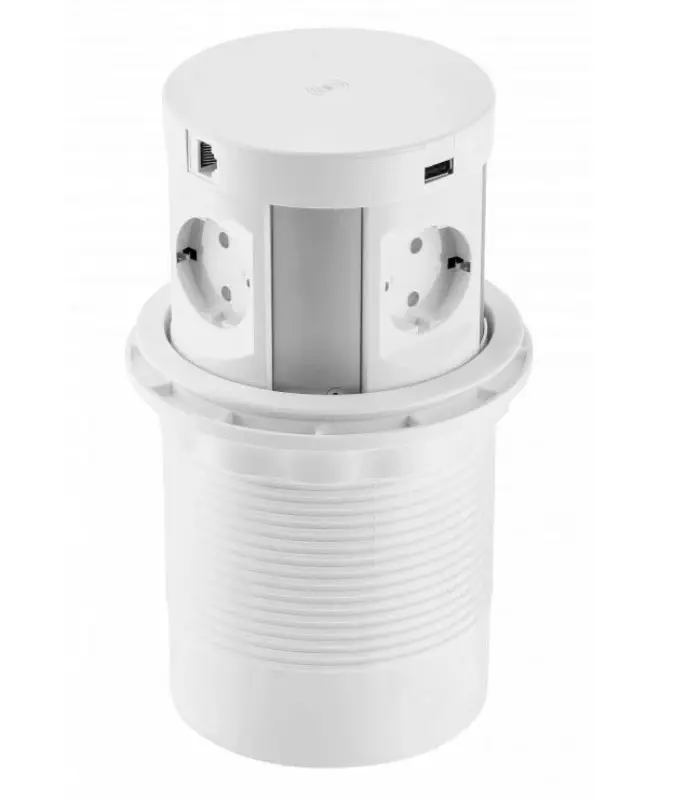 Indux Push zasúvacie kuchynské zásuvky s uzemnením v bielej farbe, určené na pracovnú dosku, s 4 zásuvkami, 2 x USB, 2 x RJ45 a bezdrôtovým nabíjaním 1208957419