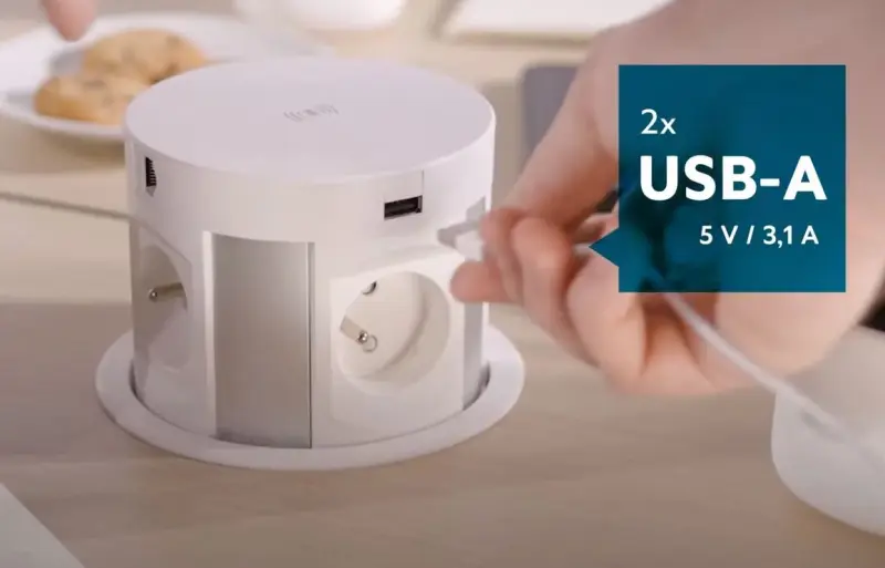 Indux Push zasúvacie kuchynské zásuvky s uzemnením v bielej farbe, určené na pracovnú dosku, s 4 zásuvkami, 2 x USB, 2 x RJ45 a bezdrôtovým nabíjaním 1208957419