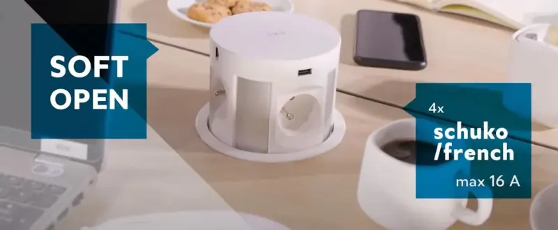Indux Push zasúvacie kuchynské zásuvky s uzemnením v bielej farbe, určené na pracovnú dosku, s 4 zásuvkami, 2 x USB, 2 x RJ45 a bezdrôtovým nabíjaním 1208957419