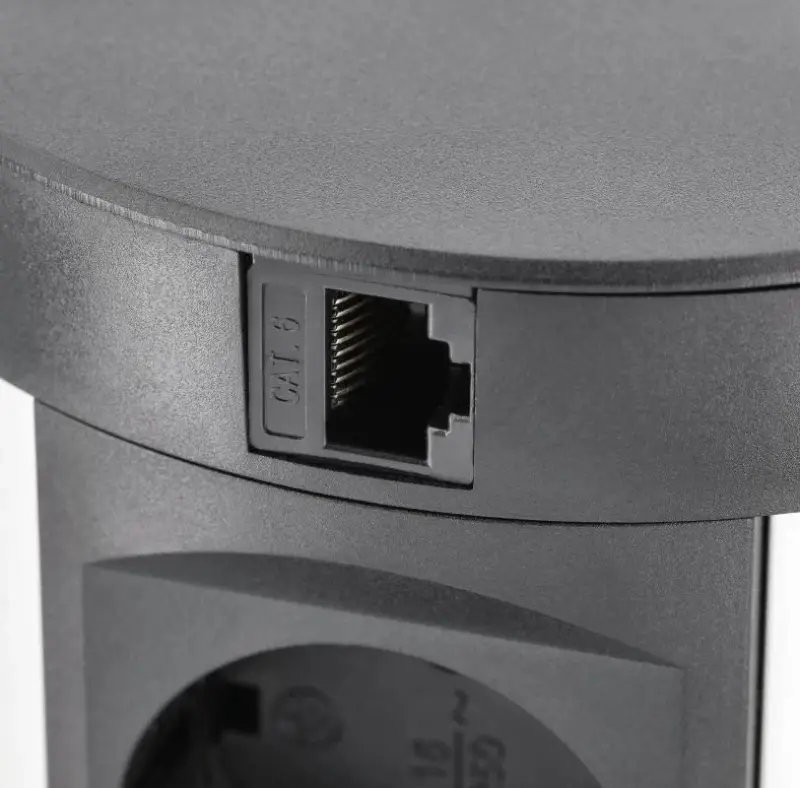 Indux Push zasúvacia kuchynská zásuvka s uzemnením čierna v pracovnej doske so 4 zásuvkami, 2 x USB, 2 x RJ45 a bezdrôtovým nabíjaním 1208957420