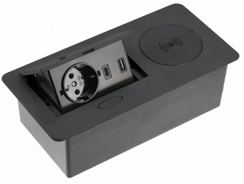 Indux Flip kuchynská zásuvka s ochranným kontaktom v pracovnej doske, matná čierna, s bezdrôtovým nabíjaním a 2 USB nabíjačkami 1208957427