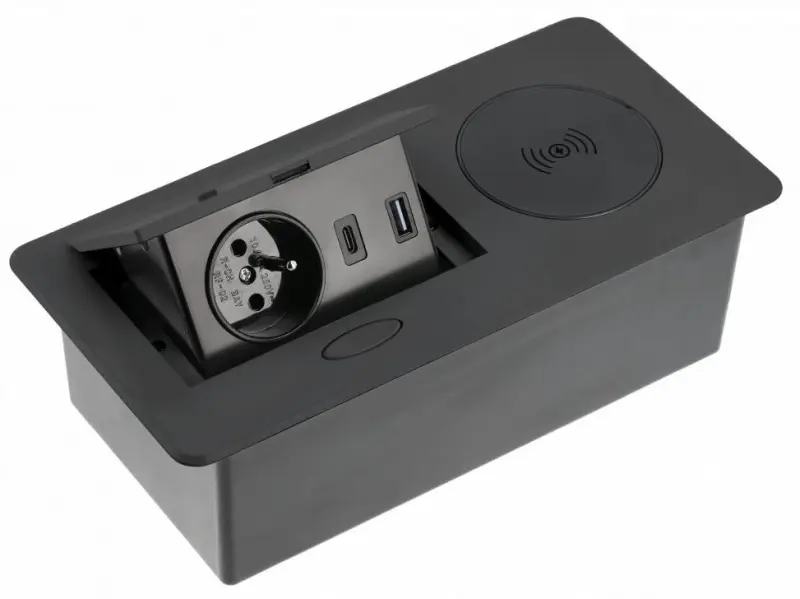 Indux Flip kuchynská zásuvka s uzemnením v pracovnej doske matnej čiernej farbe s bezdrôtovým pripojením a 2 USB nabíjačkami 1208957428