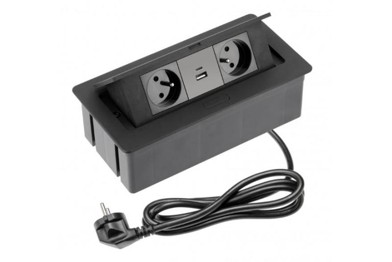 Indux Flip Medium kuchynská zásuvka s uzemnením do pracovnej dosky alebo hornej skrinky, matná čierna, s 2 zásuvkami a 2 USB nabíjačkami 1208957438