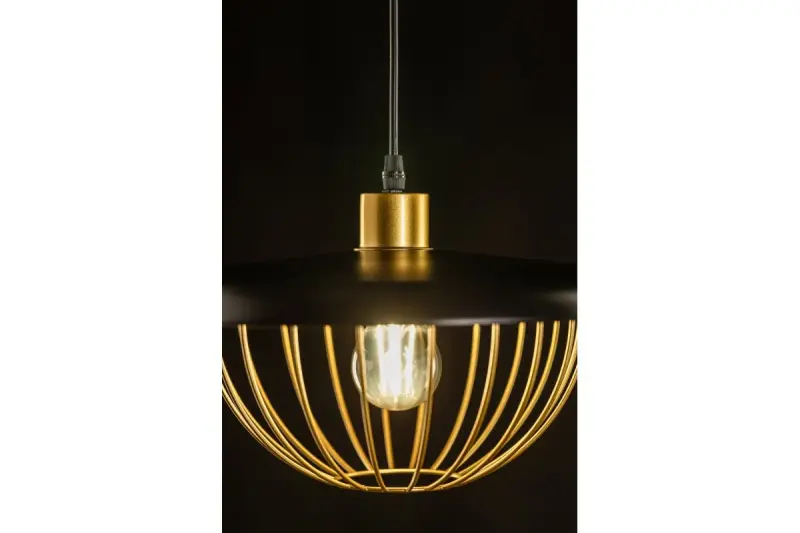Decor Tulip moderný závesný luster s čiernym kovovým okrajom a zlatou drôtenou klietkou 3444