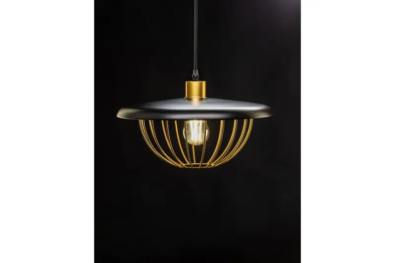 Decor Tulip moderný závesný luster s čiernym kovovým okrajom a zlatou drôtenou klietkou 3444