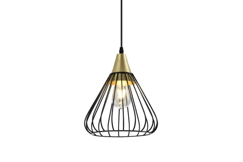 Dekor Tess čierna zlatá kovová kužeľová drôtená závesná lampa 2394