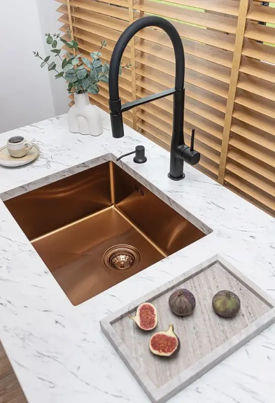 Aquadesign Sinks medený nerezový drez medená farba PVD 50x40 na zabudovanie, na rovnom povrchu a na povrchu 1208957700