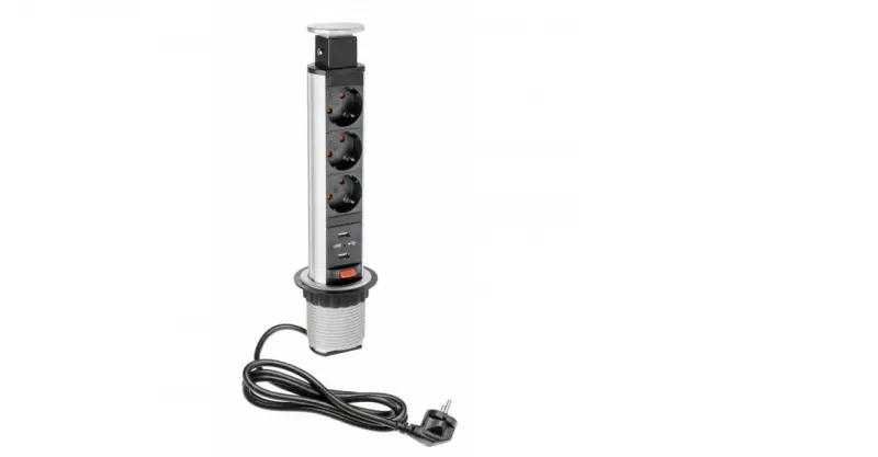 Indux Up & Down small vysúvateľná zásuvka s uzemnením v striebornej farbe pre kuchynskú pracovnú dosku s 3 zásuvkami a 2 x USB 1208957840