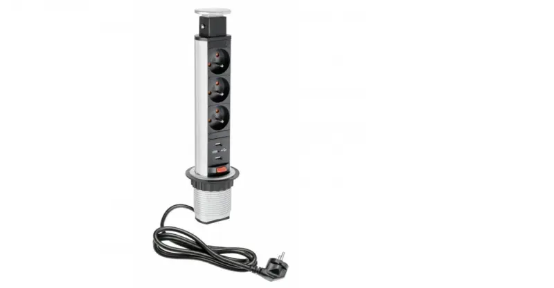Indux Up & Down malý zasúvateľný zemný pól strieborná kuchynská zásuvka v pracovnej doske s 3 zásuvkami a 2 x USB 1208957842